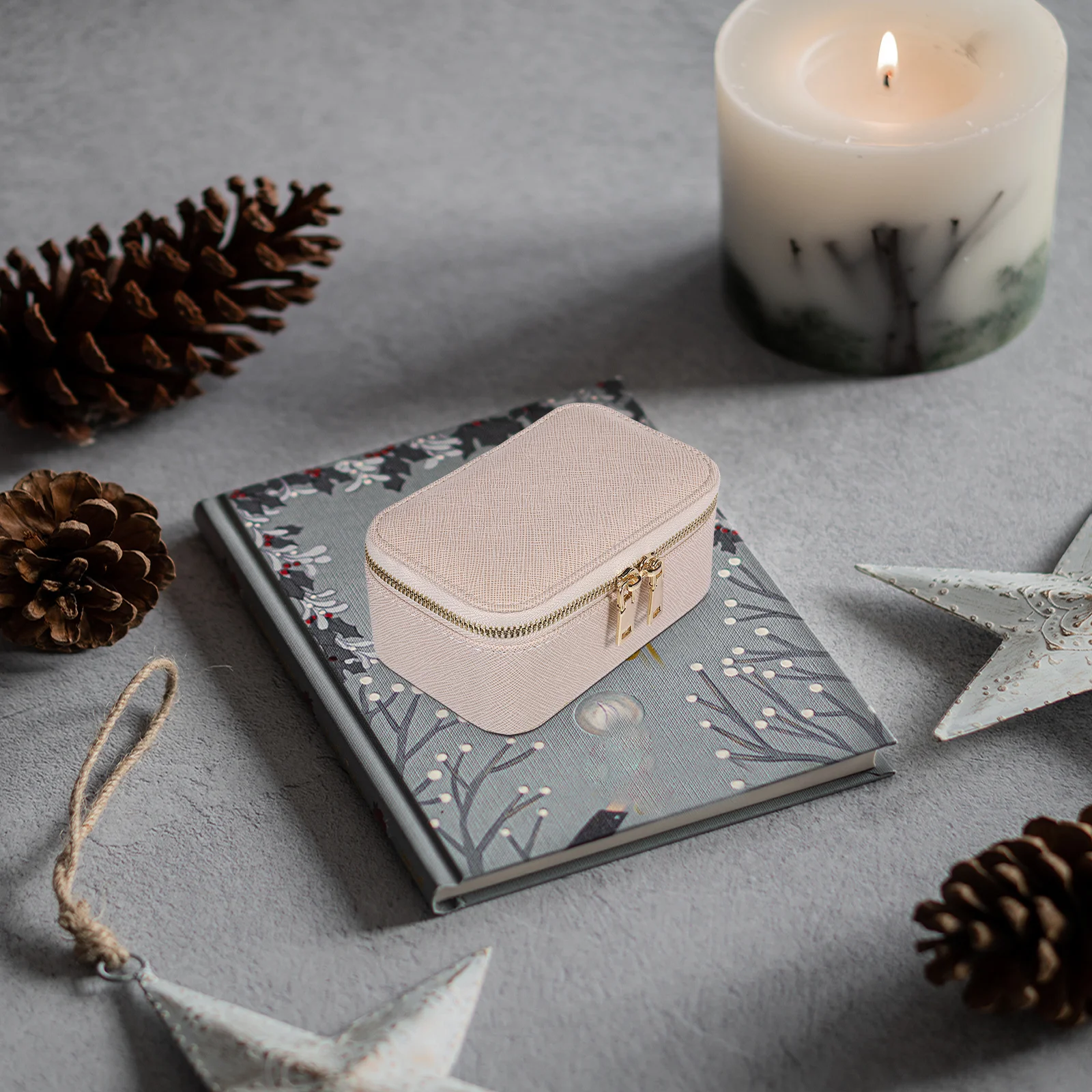 Travel Jewelry Organizer Beige PU Portable Jewelry Box Storage Case Zipper Closure Rings Earrings Necklace Holder