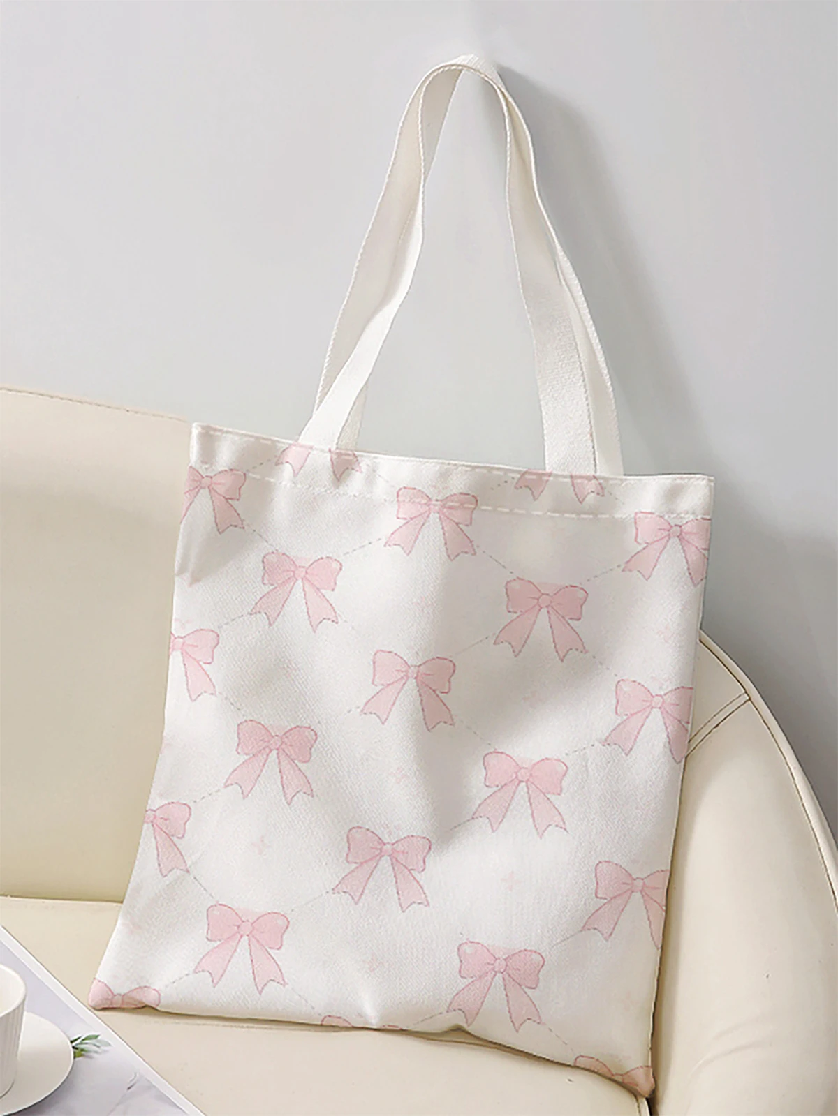Bedruckte Freizeit-Handtasche mit Schleifenmuster, wiederverwendbarer modischer Rucksack, multifunktionale Handtasche, Einkaufstasche aus Canvas – Detail 3