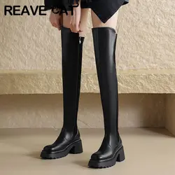 REAVE CAT Stivali da donna alla coscia Punta tonda Tacchi alti 7 cm Piattaforma Splice Stivaletti elasticizzati femminili Taglia 42 43 Scarpe da festa