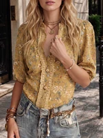 Women V‑Neck Short Puff Sleeve Floral Printed Blouse Button‑Front Casual Daily Commute Dating Wear Shirt