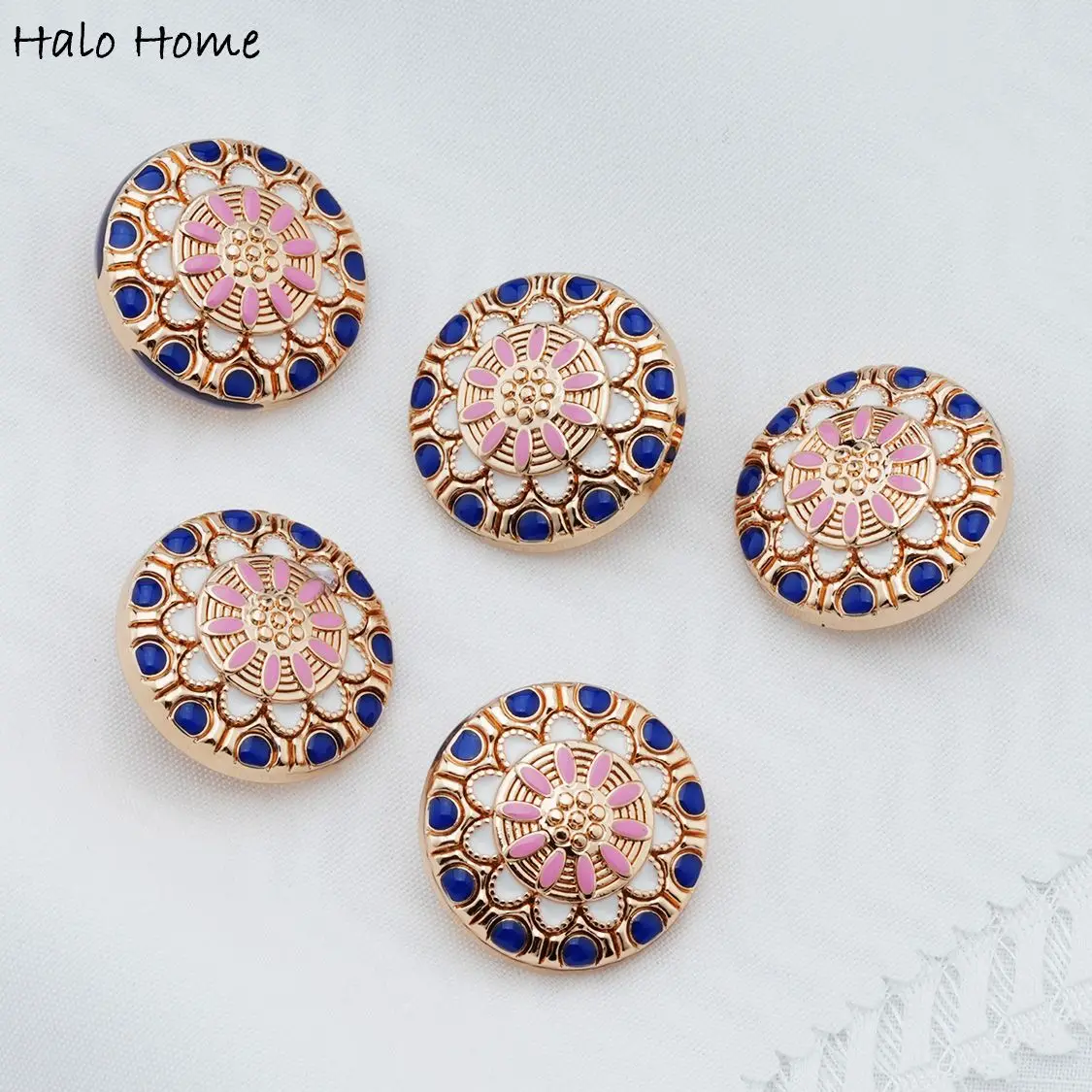 5pcs Elegant Round Metal Button Gold-Plated with Blue Gemstones Pink Floral Center for Jacket Dress Sewing Craft 20-25mm