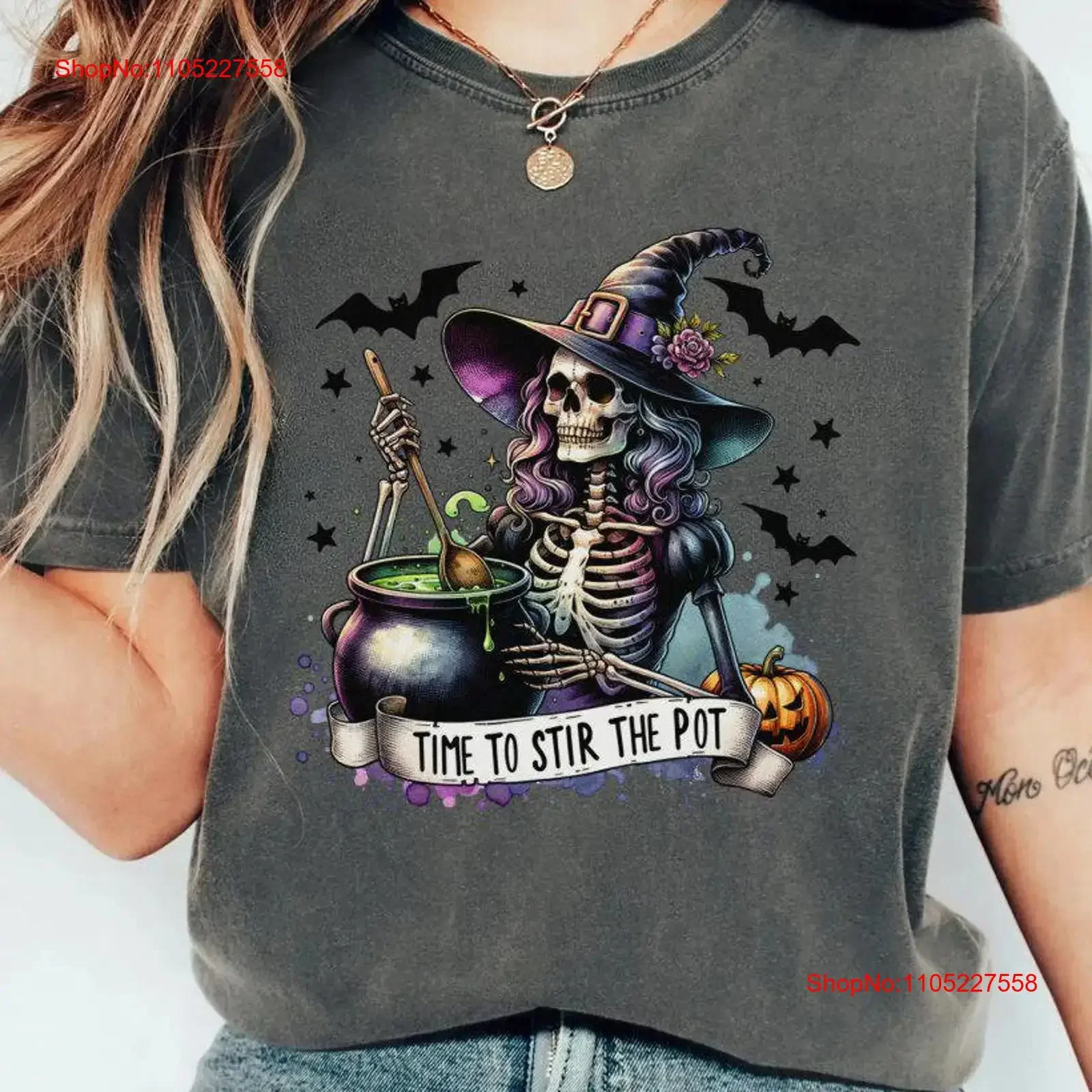 Retro Halloween Skeleton Witch Brewing Cauldron T Shirt Women Time to Stir the Pot Spooky Season vintage Washed fashion