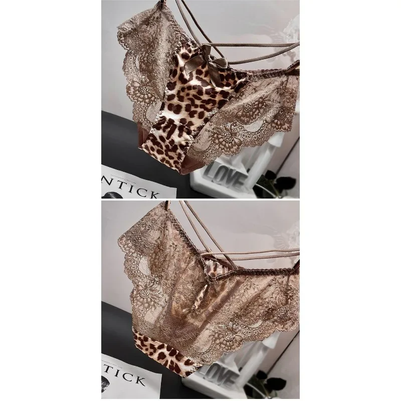 Ice Silk Traceless Bandage Leopard Print Underwear Sexy Lingerie Lace Panties Women Low Waist Lace Triangle Panties Design Hot