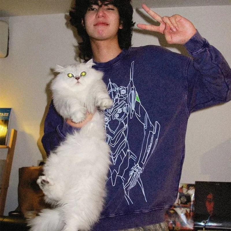 

EVA-01 TEST TYPE Anime Cartoon Hoodie Two-Dimensional Creative Anime Japanese Spring New Washed Vintage Long Sleeve T-Shirt Gift