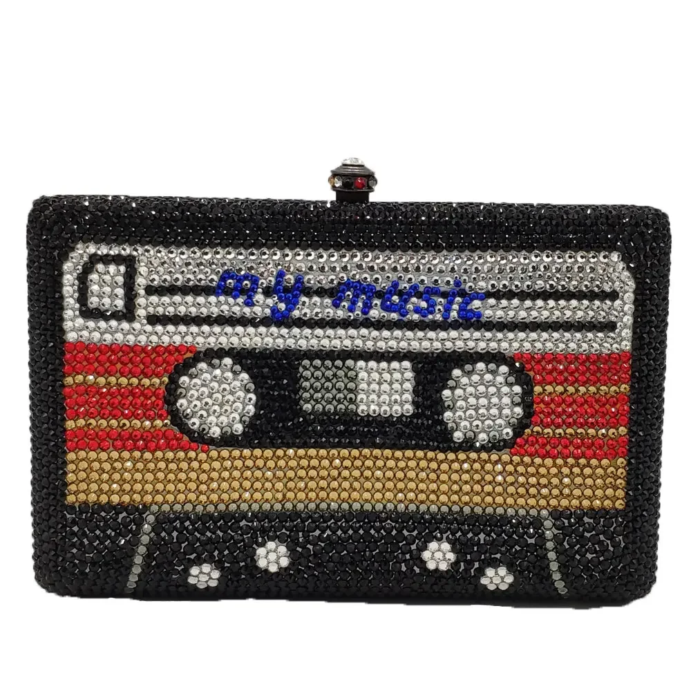 

Boutique De FGG MY MUSIC Cassette Tape Women Crystal Evening Bags and Clutches Wedding Party Prom Minaudiere Handbag and Purse