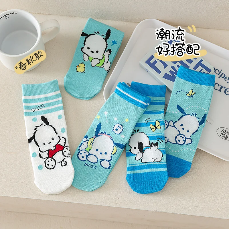 5 Pairs Kawaii Sanrio Mid-Calf Socks Pochacco Cartoon Cute Anime Student Comfortable Keep Warm Protecting Feet boys Girls Gifts