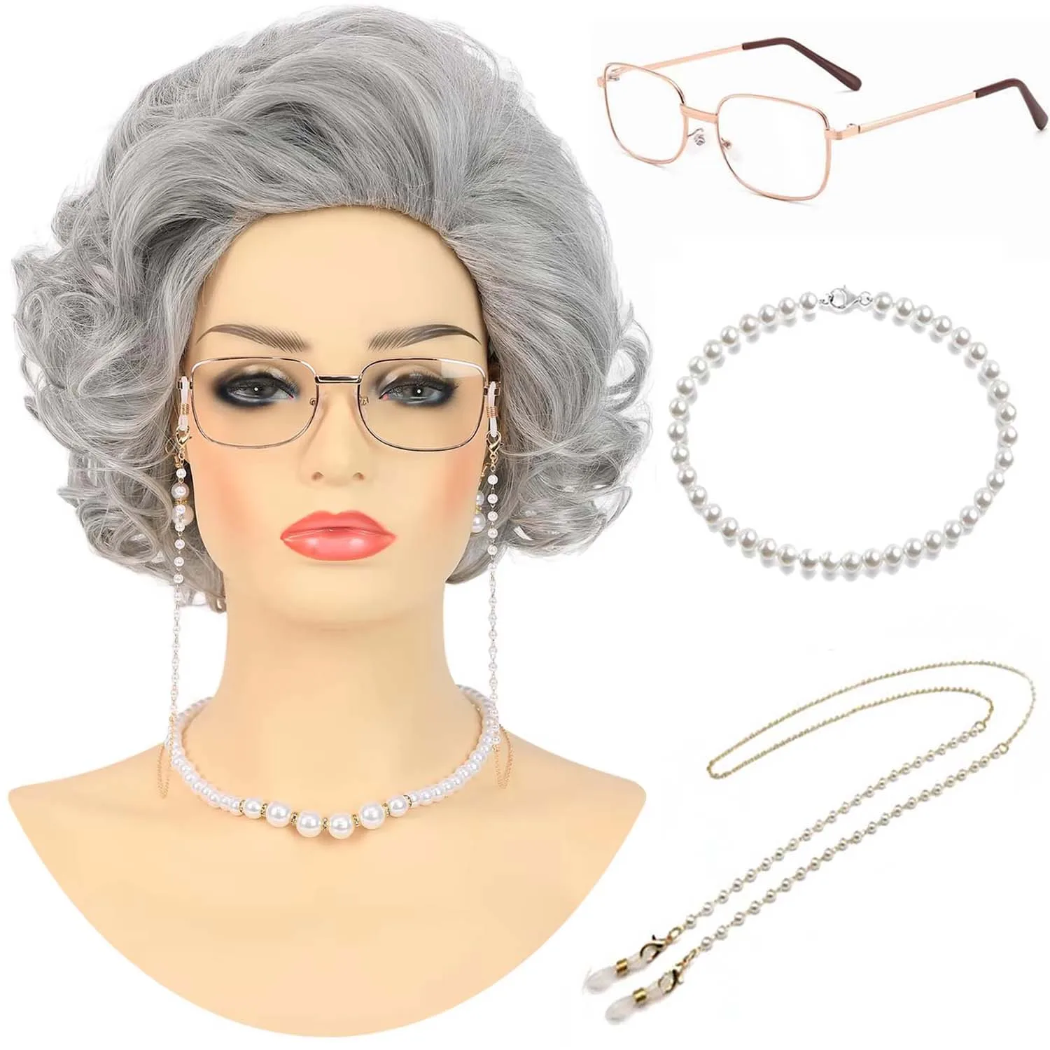 Synthetic Old Lady Wig Costume Set for Women Short Curly Grandma Wig Silver White Granny Wigs for Cosplay Halloween Party