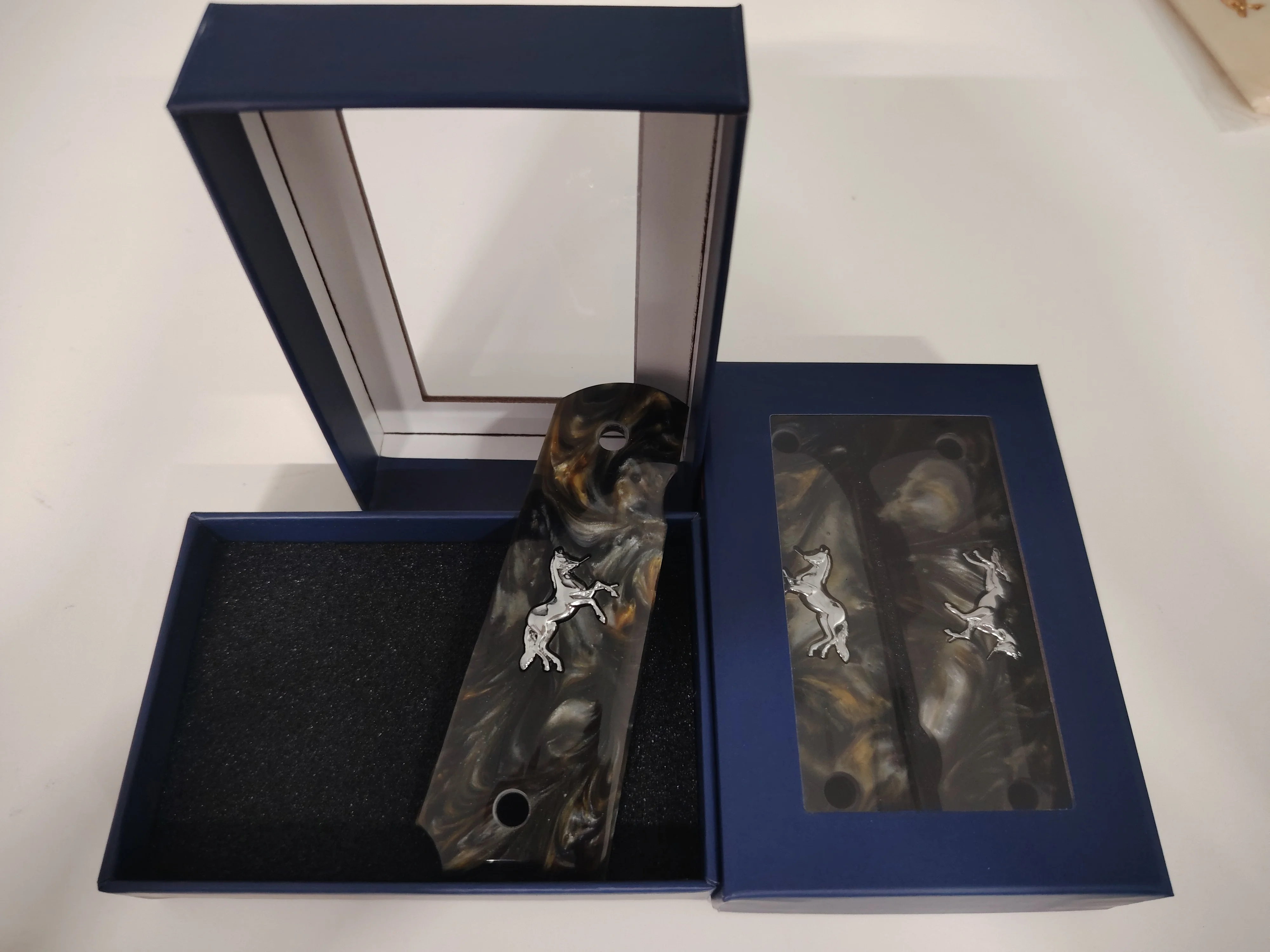 1911 Grips Full Size, goudbruine parelmoer met zilveren paard, geschikt voor Colt, Kimber, Springfield, Remington, Rock Island, Government Commander