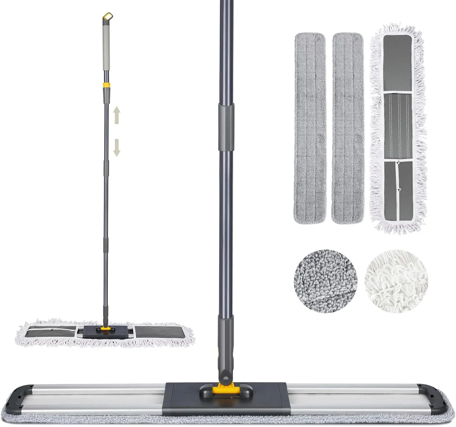 

36 Inch Commercial Floor Mop with Long Handle, Washable Cotton and 2 Microfiber Pads for Hardwood, Tiles, Laminate