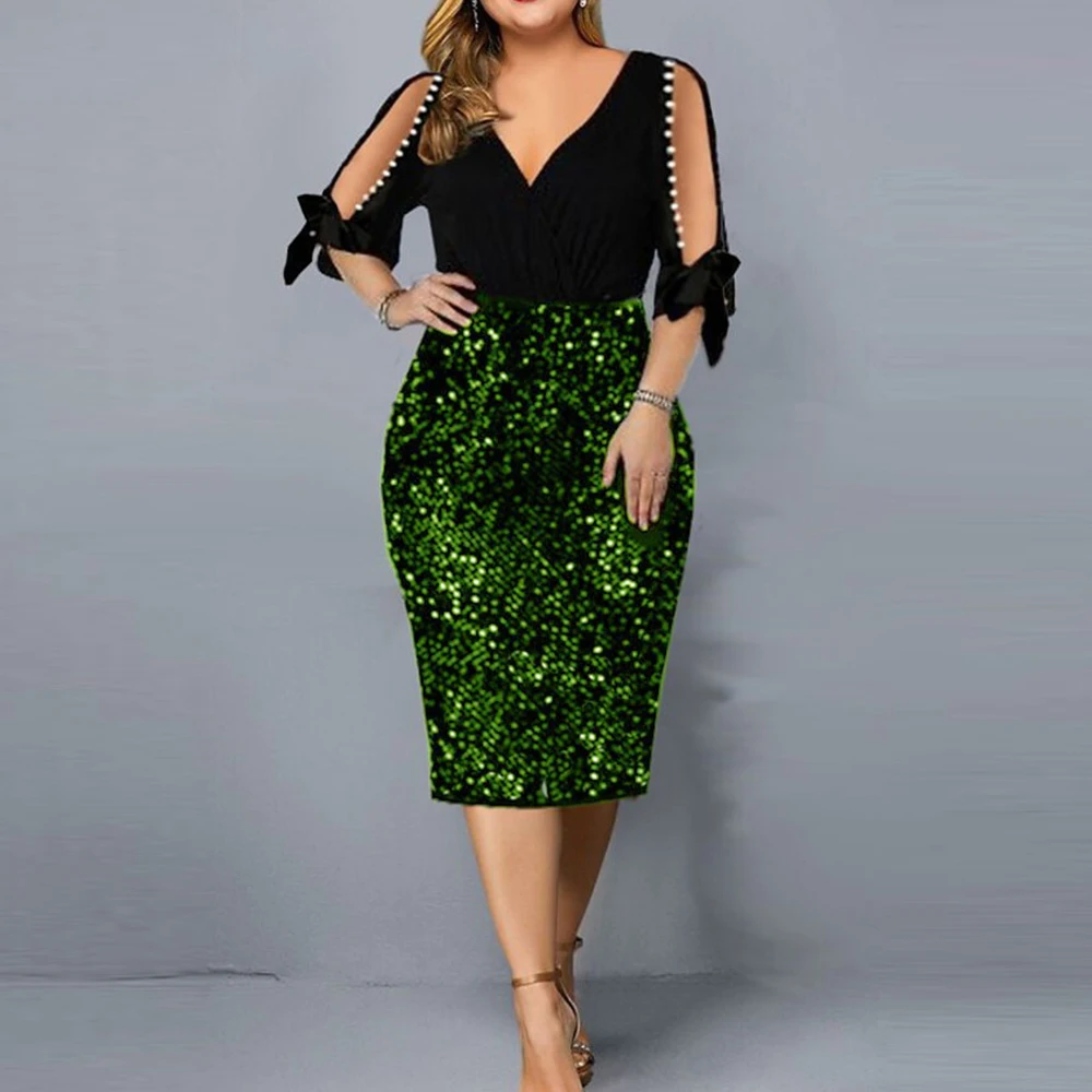 

Party Dresses for Women 2023 Sequin Sexy Hollow Out Design Bead V-Neck Petal Sleeve Bodycon Dress Elegant Vestidos Plus Size 5XL