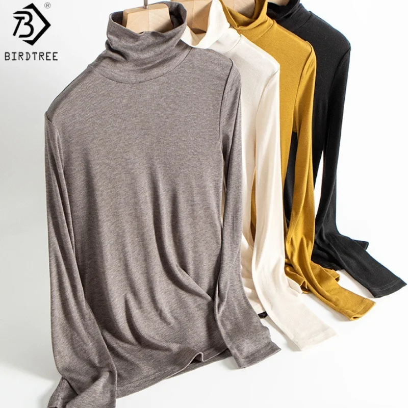 

Birdtree,Turtleneck Silk Blended Tshirt,Solid Knited Warm Tops,Woman Long Sleeve Autumn Winter Confortable Pullover T59441JF