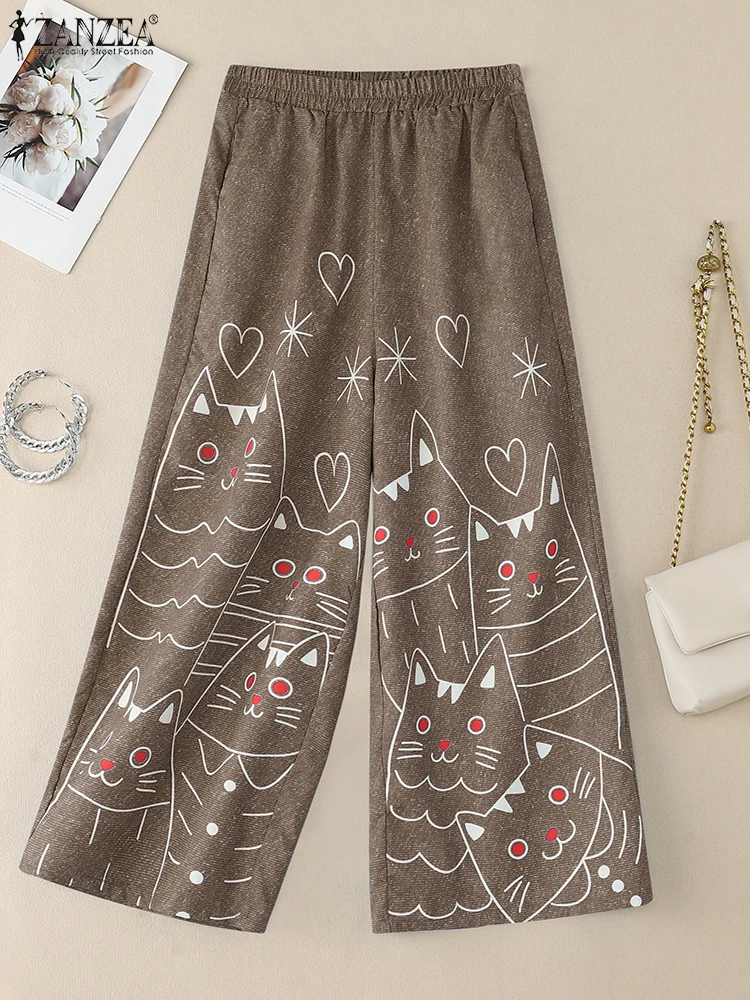 ZANZEA Women Long Wide Leg Pants High Waist Pockets Cartoon Print Vintage Trousers 2025 Autumn Casual Elastic Waist Pantalons