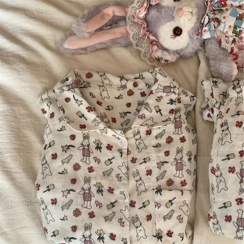 Lady Long Sleeved Pants Set 2Pcs Kawaii Rabbit Print Pajamas Suit 100% Cotton Double-Layer Yarn Sleepwear Nightwear Home Wear