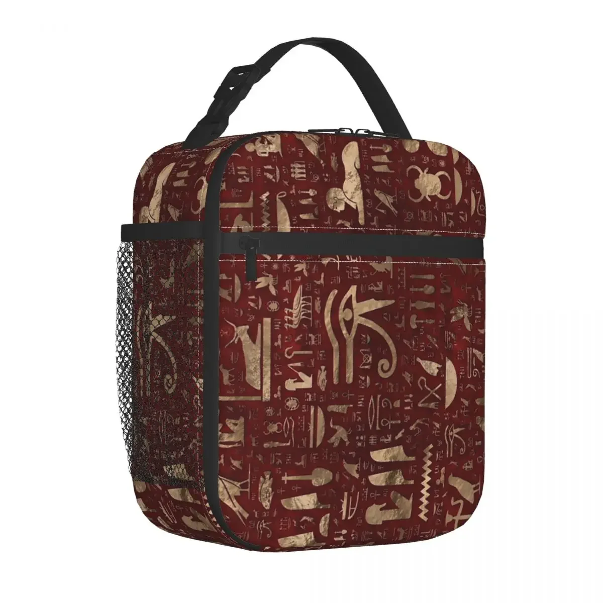 

Ancient Egyptian Hieroglyphs Red Leather Gold Insulated Lunch Bag Storage Food Box Multifunction Thermal Cooler Bento Box Picnic