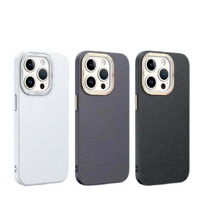 

Чехол для телефона из искусственной кожи с узором личи в стиле ретро, черный, белый, серый, для iPhone 15, 14 Plus, 13, 12, 11 Pro Max, задняя крышка, металлическая защита объектива