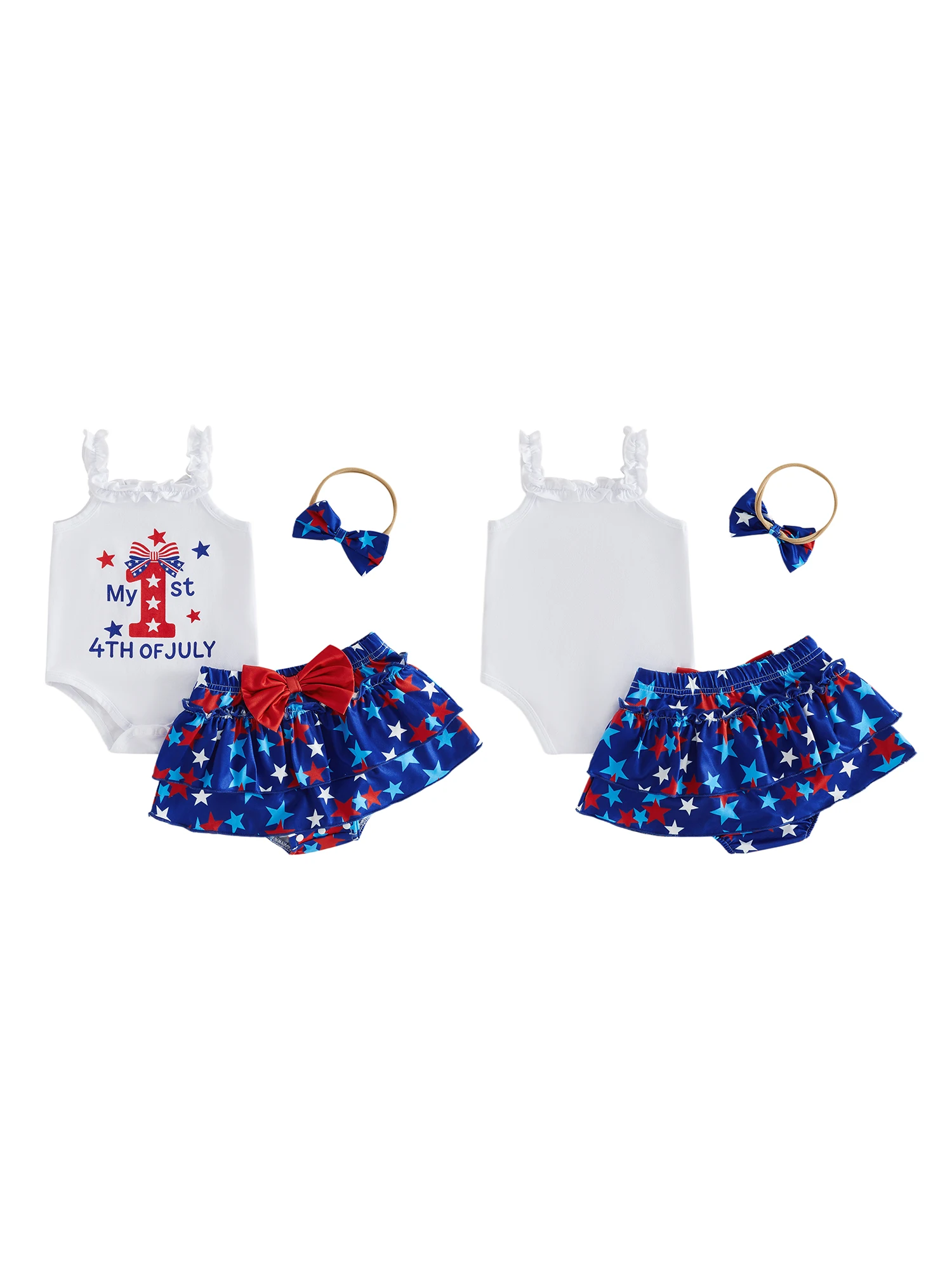 

3-Piece Independence Day Ensemble for Baby Girl Square Neck Sleeveless Romper Star Letters Print Layered Skorts and Matching