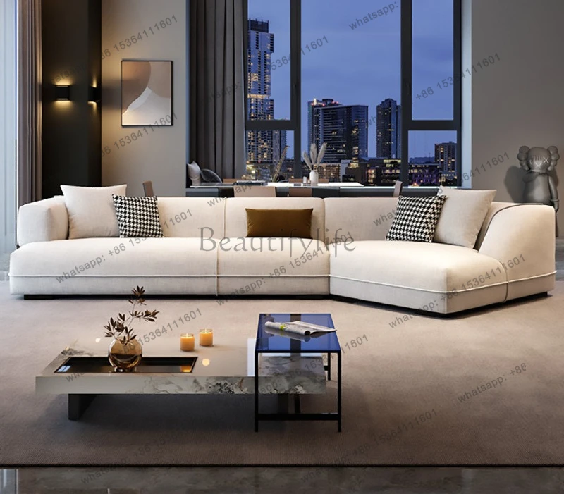 Italian minimalist cream style special-shaped corner sofa chenille cotton and linen fabric sofa combination