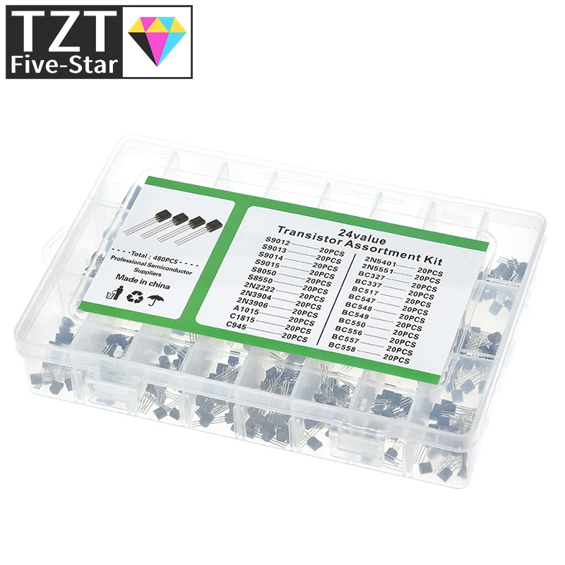 24Values TO-92 Transistor Assortment Assorted Kit Each BC327 BC337 BC517 BC547 BC548 BC549 2N2222 3906 3904 5401 5551 C945 1015