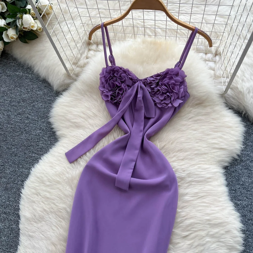 Clothland ผู้หญิงเซ็กซี่ Lilac ชุด Ruffles Bow Tie สปาเก็ตตี้สายรัดแขนกุด One Piece Midi Cami ชุด QE124