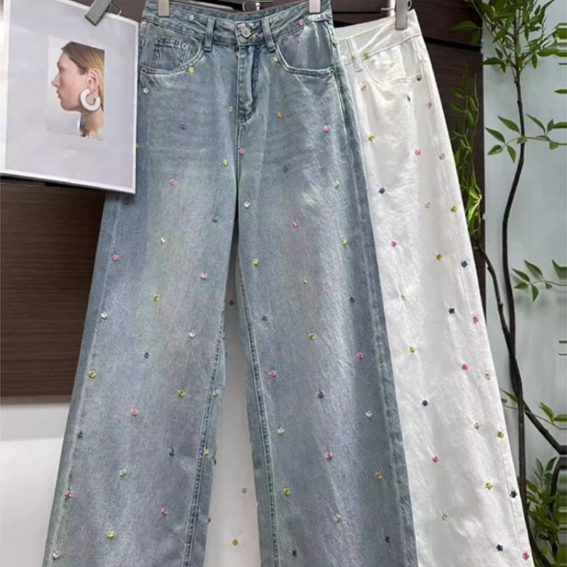 

2025 New Fashionable Korean Style High Waist Embroidered Small Flowers Show Thin Straight Leg Wide Leg Jeans for Women
