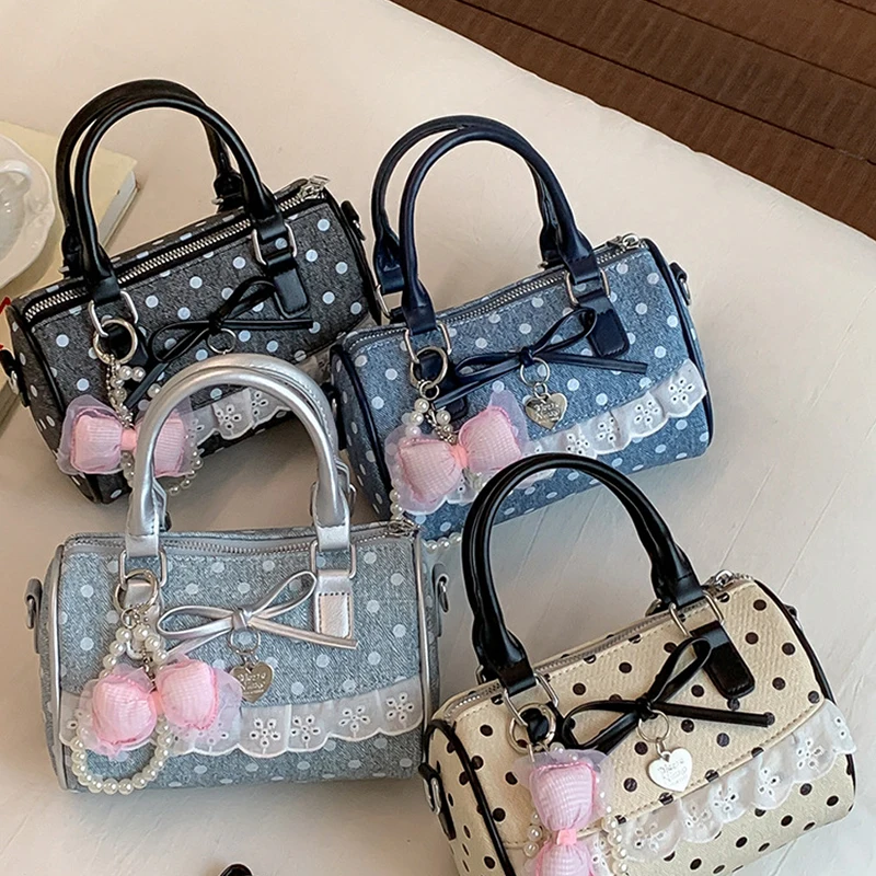 Korean Polka Dot Bowknot Patchwork Hobo Crossbody Shoulder Bag,Women Handbag,Versatile Lightweight Commute Small Square Tote Bag