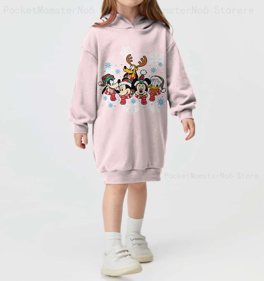 Girls Christmas Disney Minnie Mickey Mouse print loose and comfortable hoodie sweater dress autumn and winter hooded dress