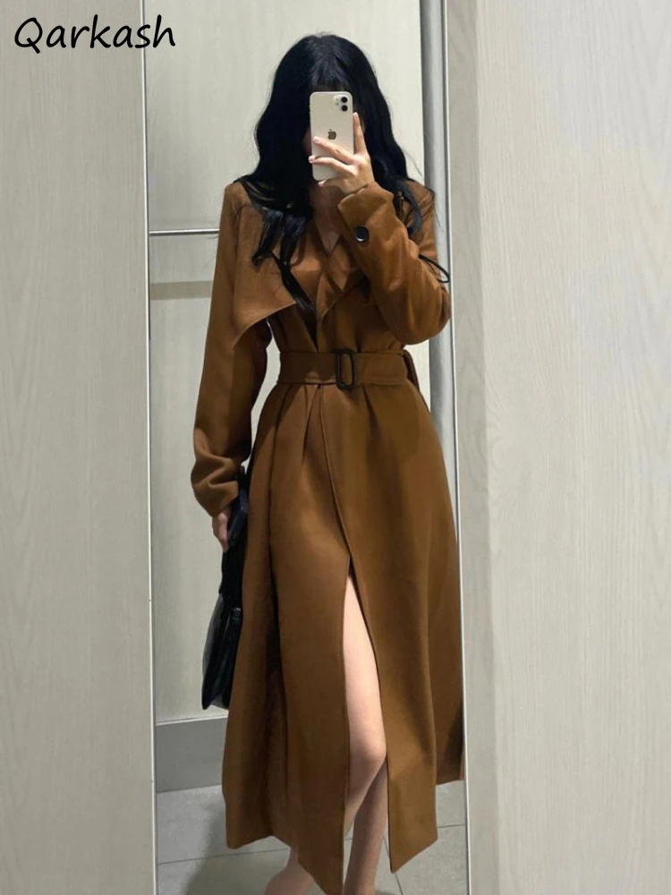 

Brown Trench Women Belt Temperament Long Autumn Female Clothing All-match Simple High Street Retro Draw Back Korean Style Chic