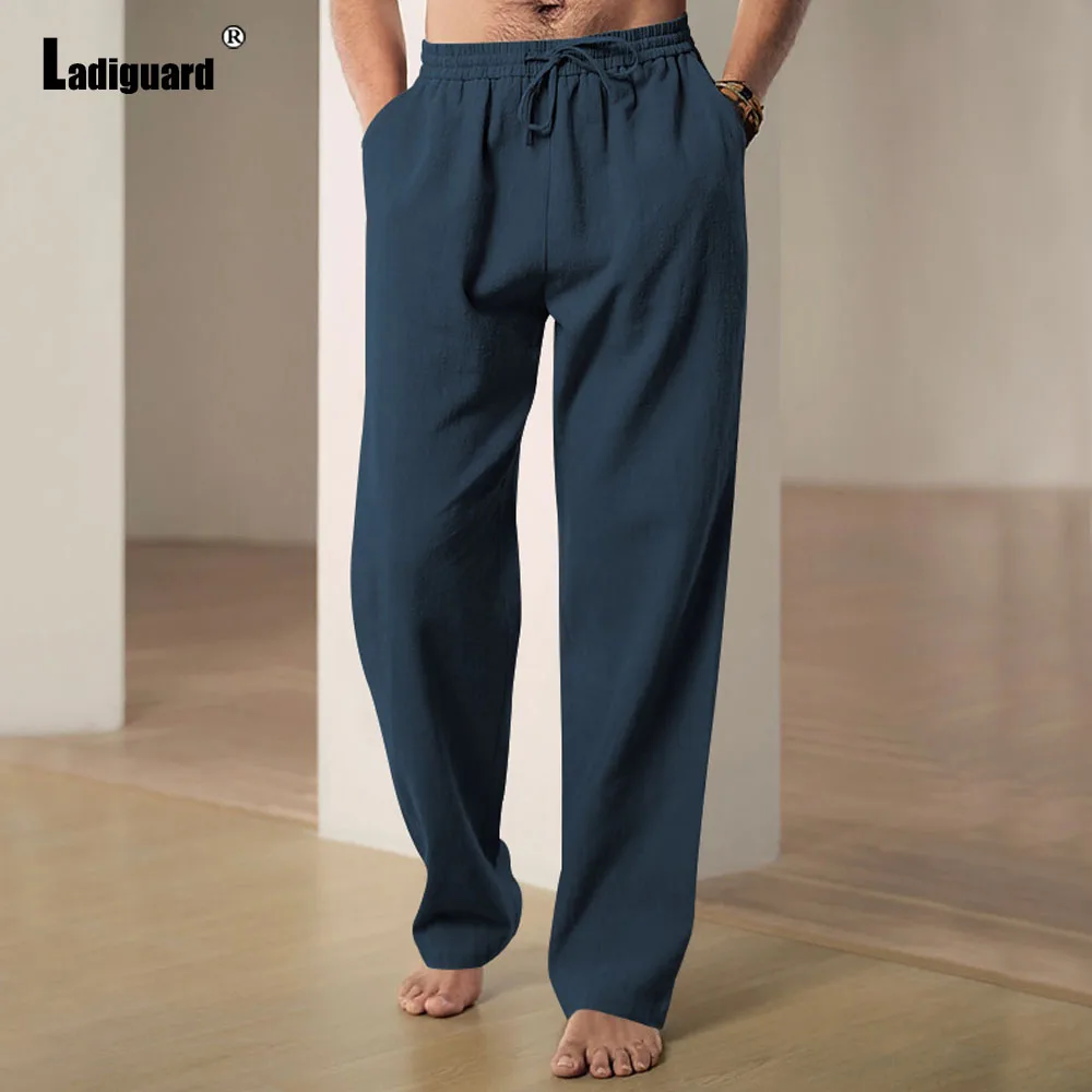 Ladiguard Plus Size 3xl Mens Stand Pocket Casual Straight Pants Loose Elastic Waist Trousers Solid White Comfy Linen Sweatpants