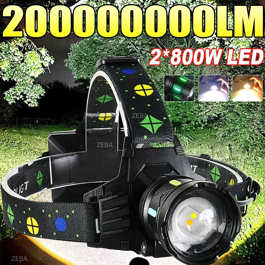 

Мощный светодиодный налобный фонарь 2026 с зарядкой Type-C, 3*18650, высокомощный налобный фонарик для рыбалки с зумом