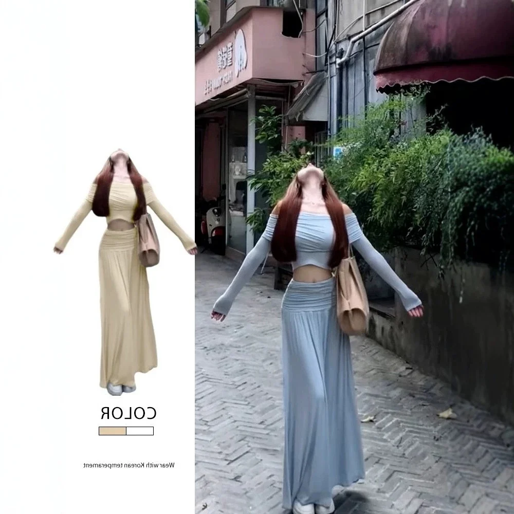 Elegant Shoulder Bared Long Sleeve T Shirt And a Line  Skirt Two Piece Set for Women Autumn 2026 New Arrival Casual Sport...