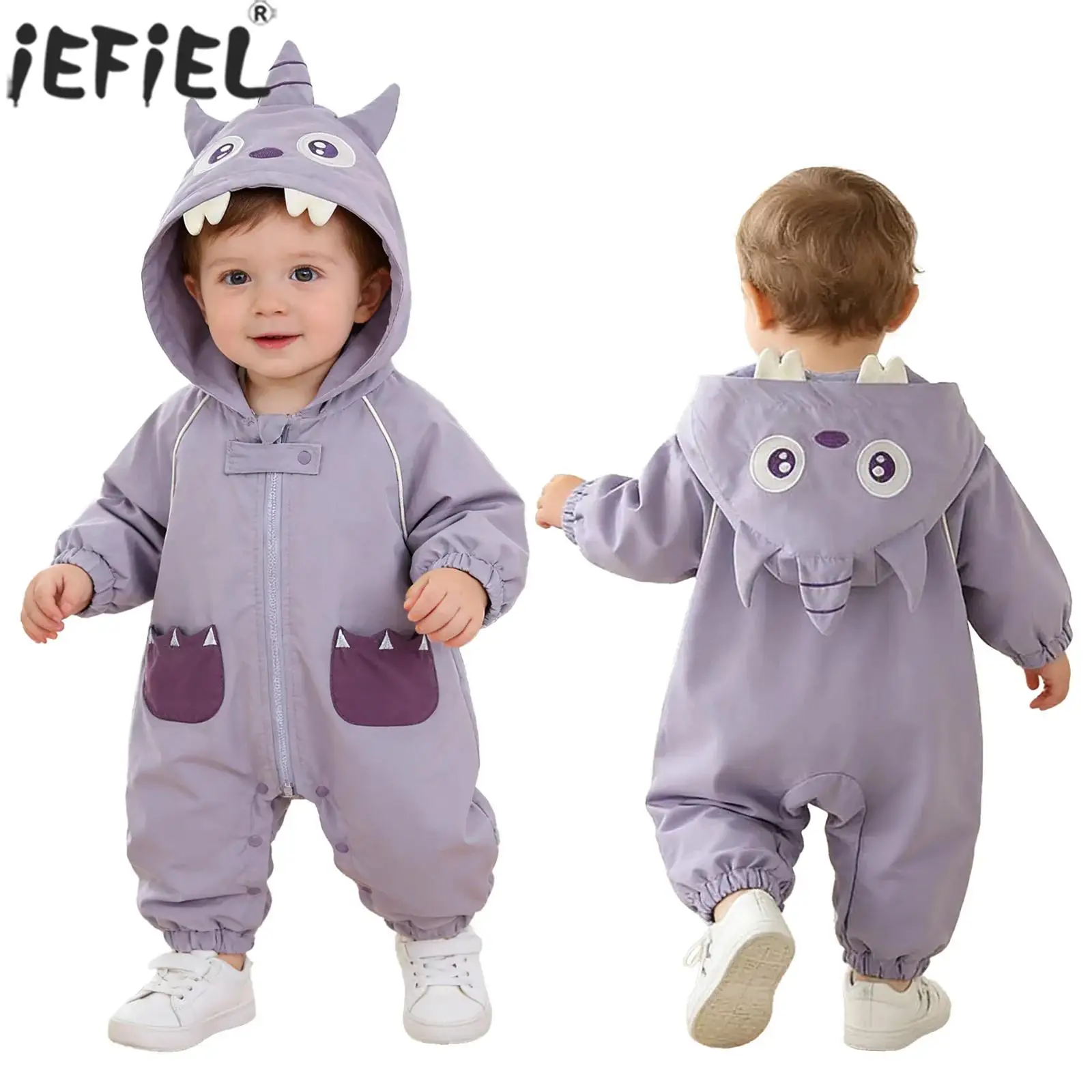 

Toddler Baby Waterproof Snow & Rain Suit Cute Animal Hooded Jacket Romper Long Sleeve Button Crotch Zipper Jumpsuit Coverall