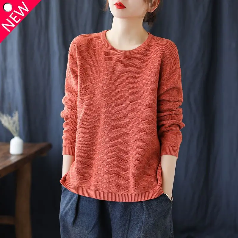 Spring Autumn Women's Pullover Round Neck Wave Cut Hollow Out Solid Long Sleeve Sweater Knitted Office Lady Fashion Casual Tops