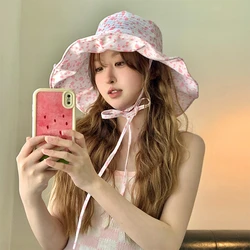 Korean Floral Lotus Leaf Edge Large Brim Sunscreen Women's Caps Summer Travel Versatile Anti-ultraviolet Strap Bucket Hats