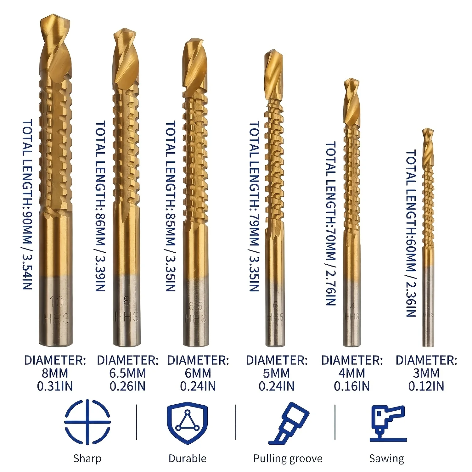 12pc Titanium HSS Saw-Tooth Drill Bit Set M3-M8, 3-in-1 Drill Cut Slot, Sharp Edge for Metal Wood Plastic Woodworking