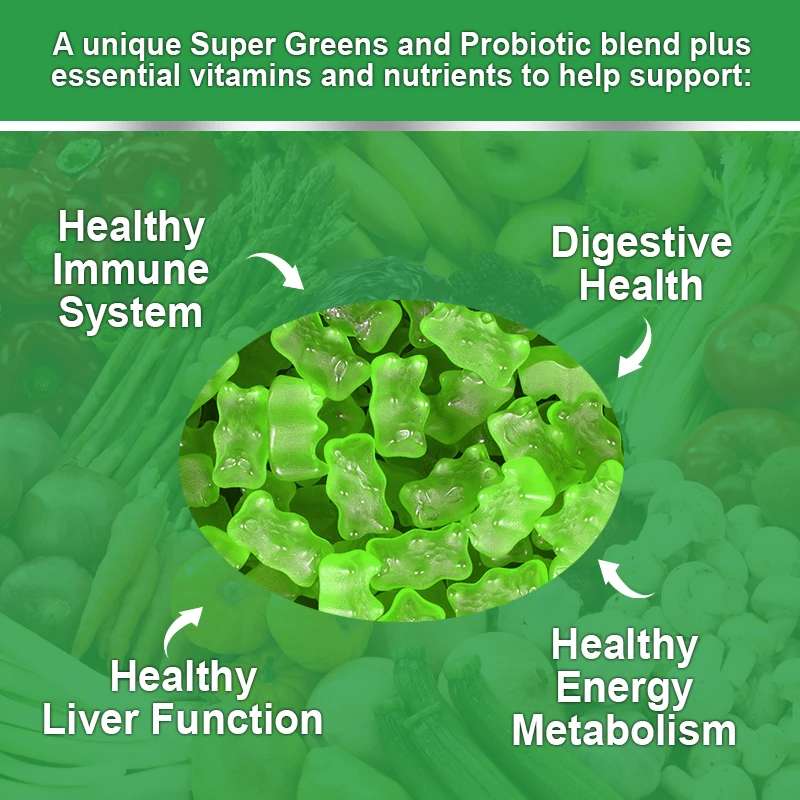 Greens Gummies Vitamins Multivitamin with Probiotics, Prebiotics, Gut Health Improve Immunity Antioxidants Vitamin C,D2,B12,B6