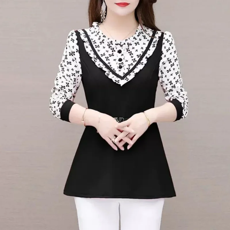 Korean Women Midi Long Sleeve T-shirt Spring Autumn New Elegant Fashion Female Clothing Slim Patchwork Long Sleeve Casual Tops