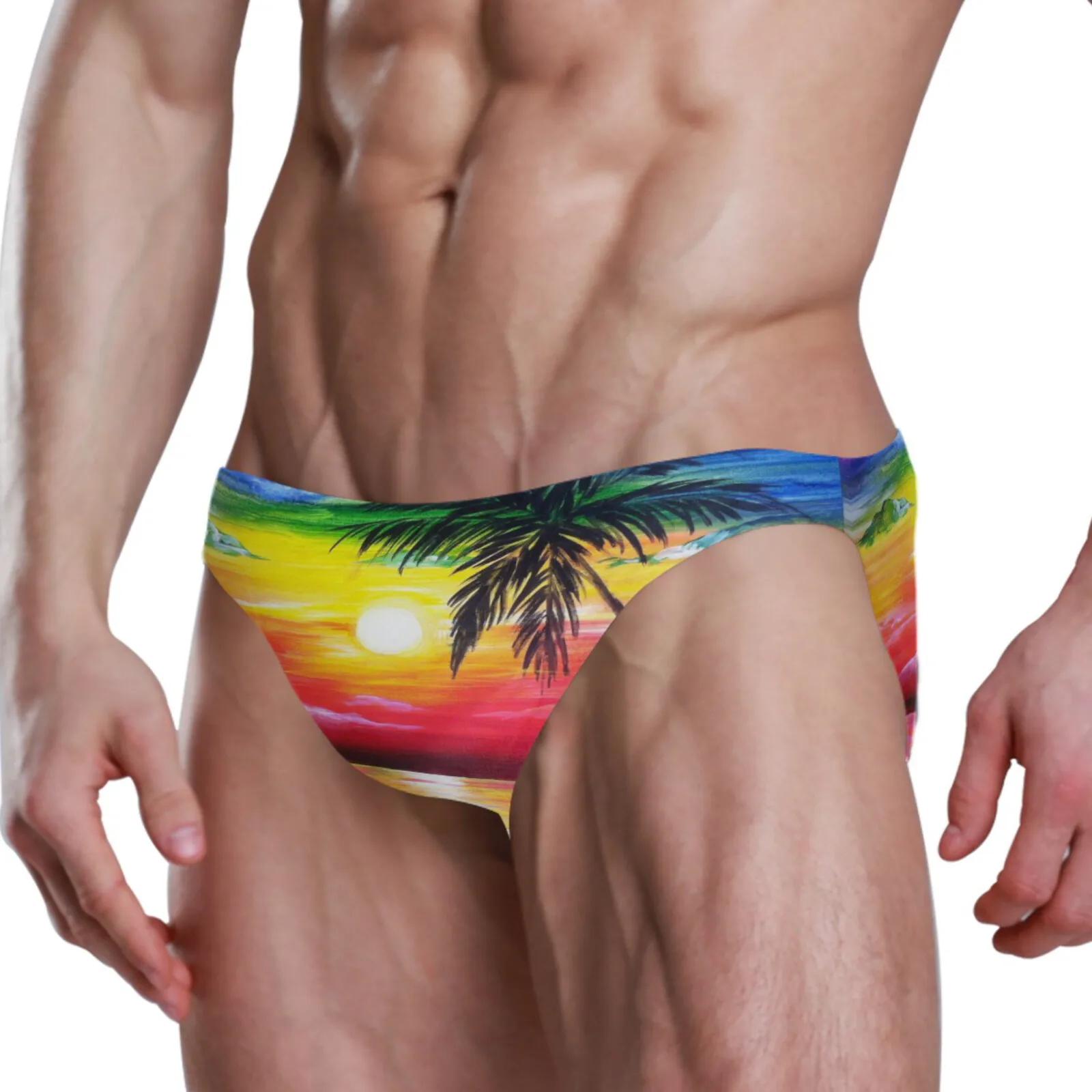 Sexy Men Swimwear Polyester Quick Dry Palm Tree at sunset Swimming Briefs Gay Low Waist Swimsuits Beach Pool Spa Bathing Panties