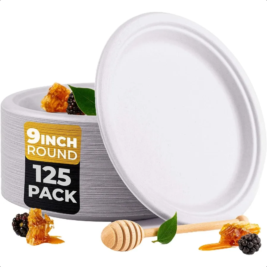 

[125Pack 9Inch] 100 Compostable Round Bagasse Paper Plates Biodegradable Sugarcane Fibre Strong Heavy Duty Rigid Design Sustai