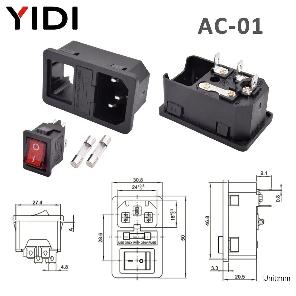 5/10 مجموعات IEC320 C13 التيار المتناوب مدخل قابس طاقة المقبس الكهربائية النحاس سلك كابل موصل 10A 250 فولت الأحمر مصباح الروك التبديل مع الصمامات
