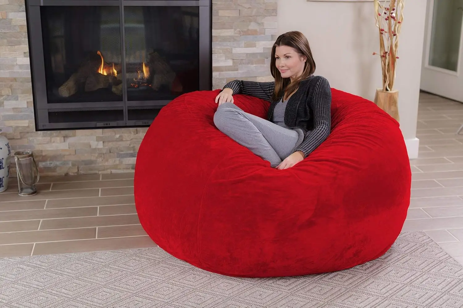 Giant 5' Memory Foam Furniture Bean Bag - Big Sofa with Soft Micro Fiber Cover - Red Furry