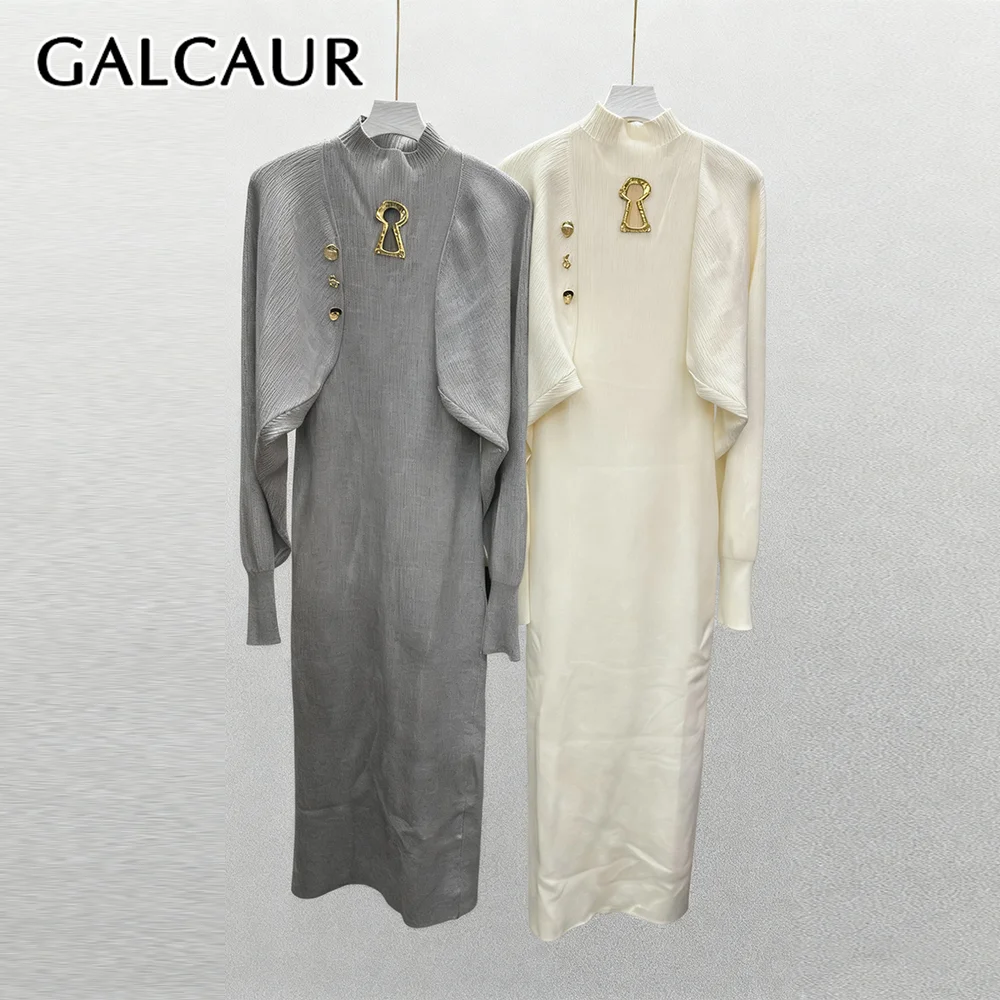 

GALCAUR Solid Spliced Hollow Out Dress Female O Neck Long Sleeve Loose Gentle Intellectual Women's Dresses Autumn Fashion New