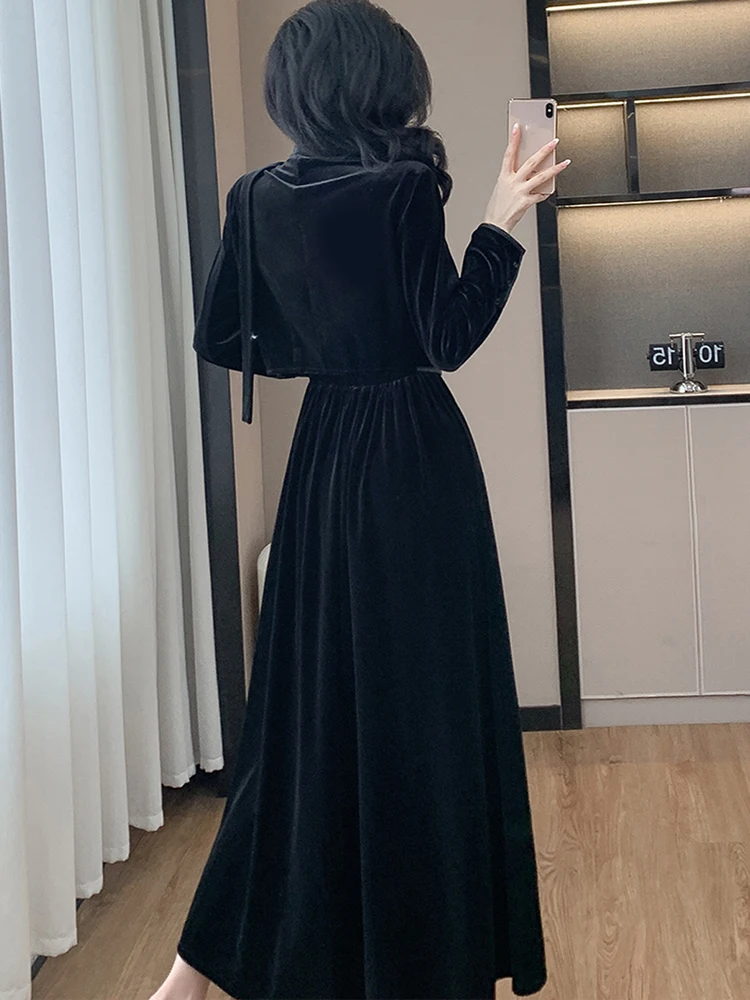 Fashion Vintage Autumn Elegant Suits Women Black Velvet Crop Tops + High Waist A-Line Long Skirts Office Lady Two Pieces Sets