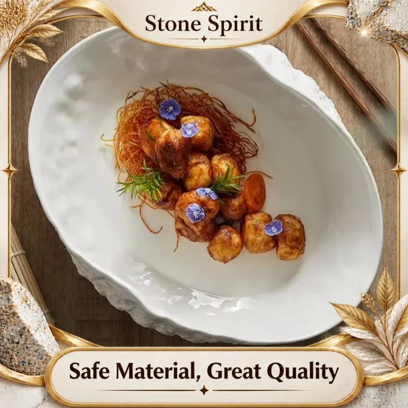 Pure White Oval Rock Pattern Soup Plate Home Tabletop Decoration Plate Shell Edge Dinner Plate Ceramic Main Course Cutlery