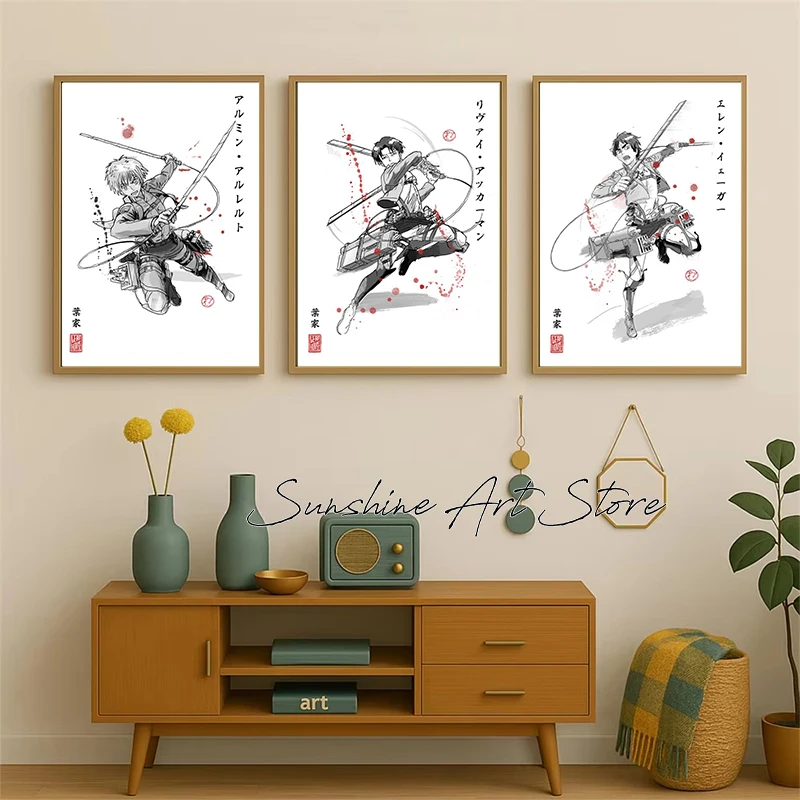 Hand Drawn Anime Fan Art Japanese Sumi-e Style Japanese Anime Titan Characters Poster Canvas Painting Wall Pictures Home Decor