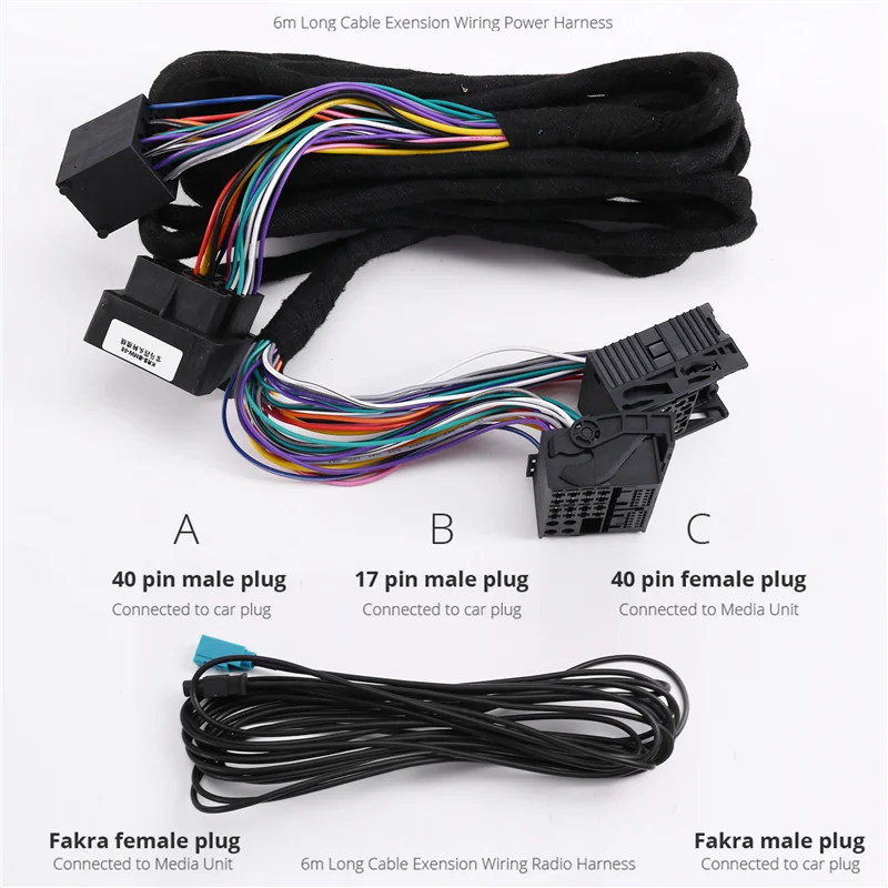 ABQB-For BMW X5 M3 M5 E46 E38 E39 E53 Android Head Unit Radio Fakra Antenna Power 17+ 40 Pin 6M Extension Wiring Harness