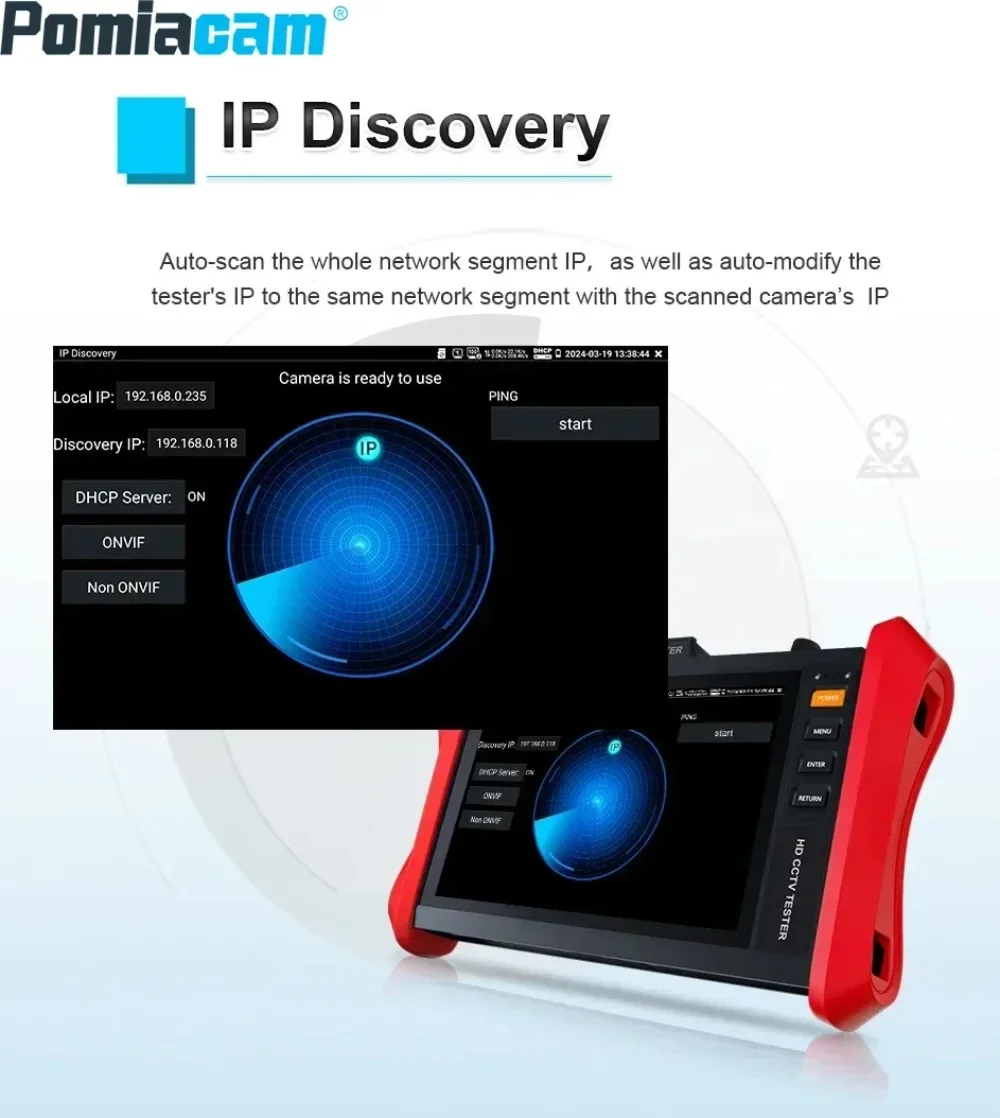 

Pomiacam E89 8" 4K CCTV Tester Network Fiber Optic POE++ 90W IP/AHD/TVI Camera Tester with SFP HDMI/VGA Input WiFi Analyzer