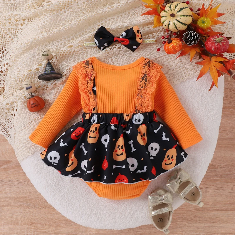 

Newborn Baby Girls Halloween Romper Ruffles Long Sleeve Pumpkin Ghost Skull Print Suspender Jumpsuit Shorts With Bow Headband