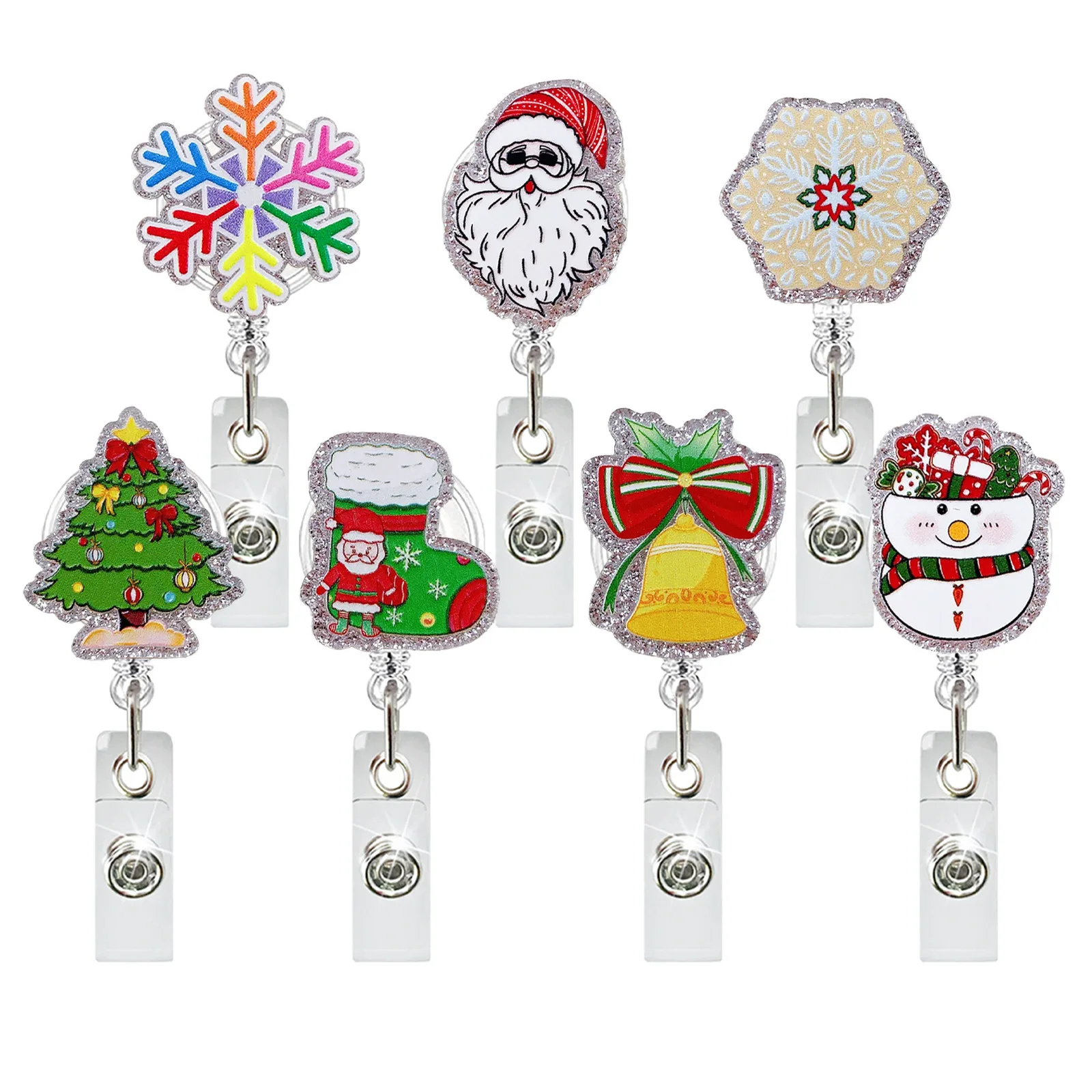 Christmas Snowman, Snowflake, Santa Claus Glitter Acrylic Retractable Badge Reel ID Badge Holder Christmas Gift for Nurse