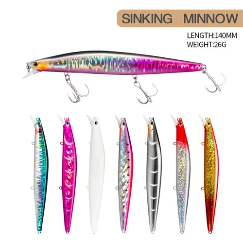 Señuelo de pesca Minnow Wobbler de 14cm y 26g, Jerkbait de hundimiento de fundición larga, Swimbait, cebo duro Artificial, señuelo de pesca en el océano, cebo para lubina