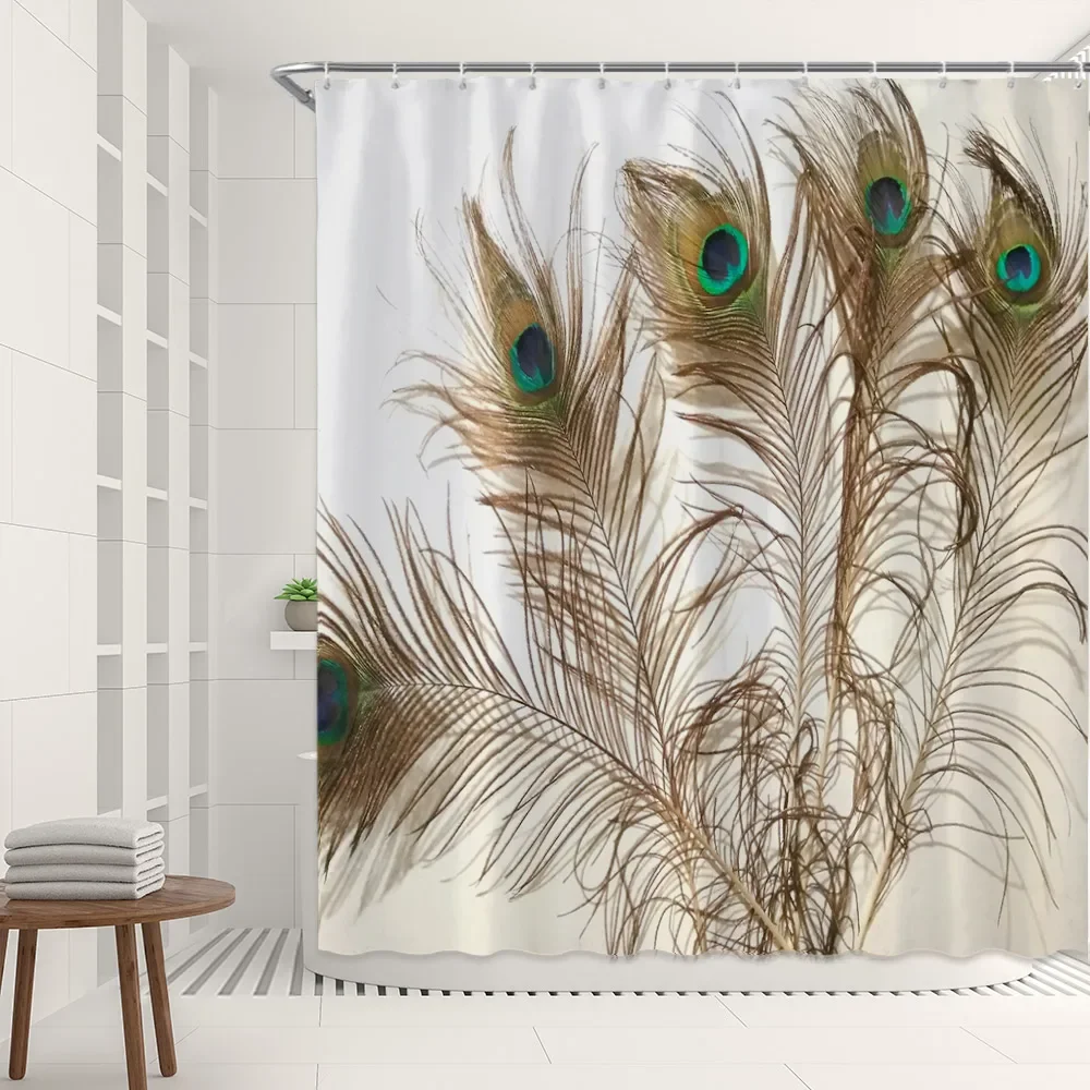 Feathers Print Shower Curtain Set Fabric Hook Aesthetic Peacocks Feather Decoration Hoom Toile Bathtub Screen Bathroom Curtain